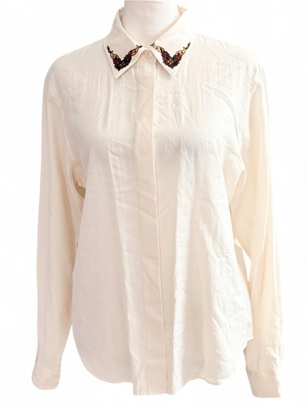 Vintage Pendleton Cream Button-Up Blouse, Embroidered Floral Collar, Size 12